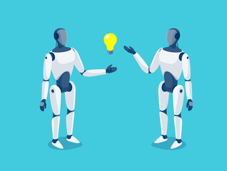 Humanoid robots standing and thinking about idea. Artificial intelligence gesture ai bot android cyborg talking. Industrial white robot replacing humans in future. Isolated vector illustration concept