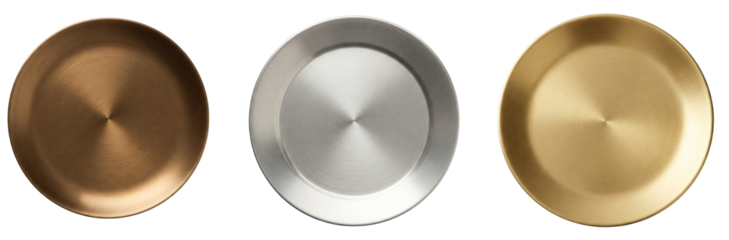 Metallic plates in bronze, silver, and gold, collection, isolated on a transparent background