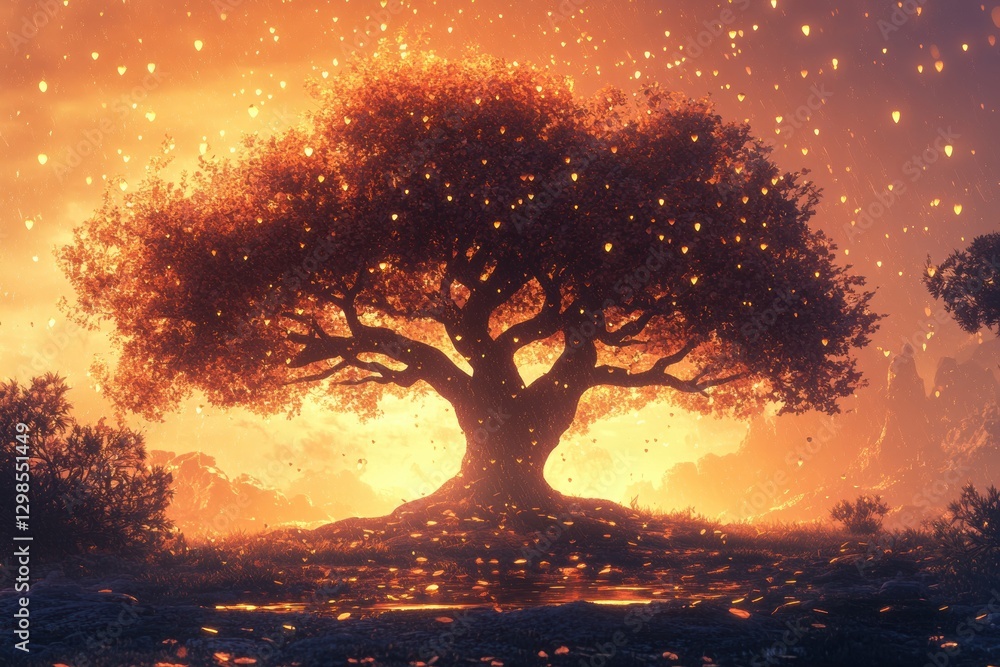 Poster majestic tree illuminated by glowing orbs during sunset in a serene landscape. generative ai