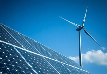 Solar Panels and Wind Turbine: Capturing the essence of renewable energy, a solar panel array basks in sunlight, working with a towering wind turbine that stands tall against a clear blue sky.