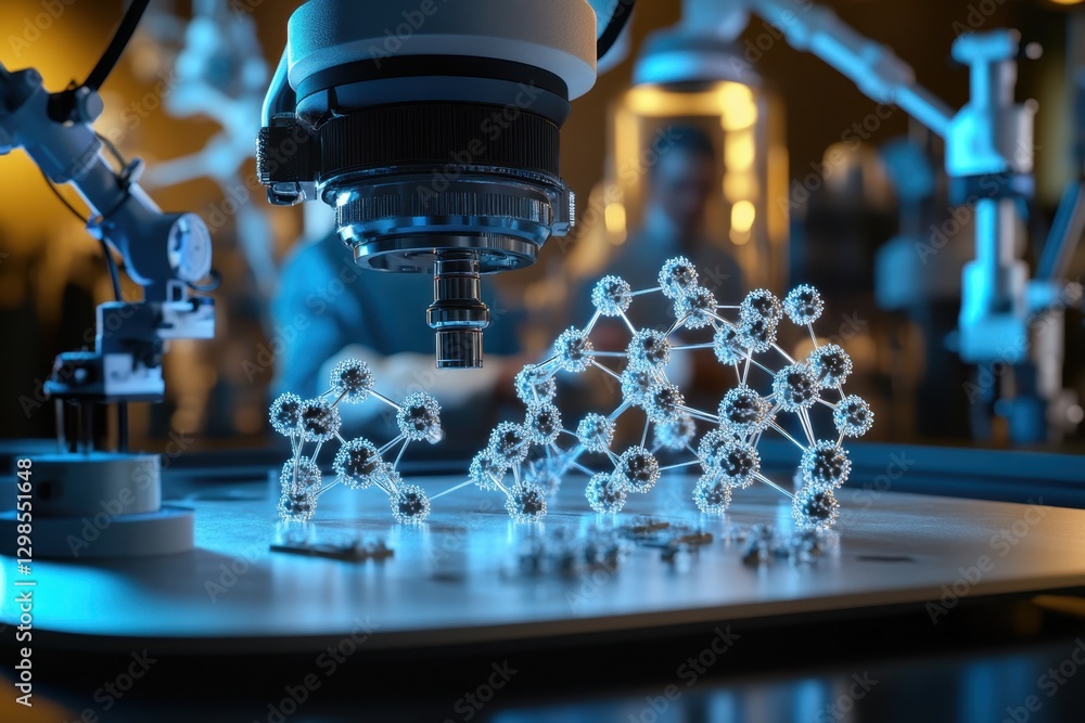 Poster researchers conduct experiments on molecular structures under a microscope in a laboratory setting