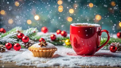 Snow-dusted mince pie mug, a tilted-shift delight.