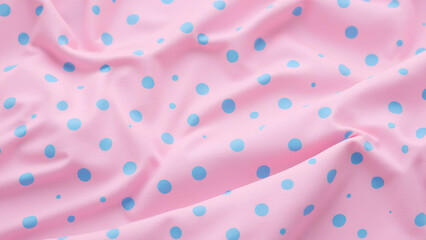 a close-up of a playful polka dot fabric with evenly spaced blue dots on a pink background. the texture should be soft and smooth, with a clean and cheerful aesthetic