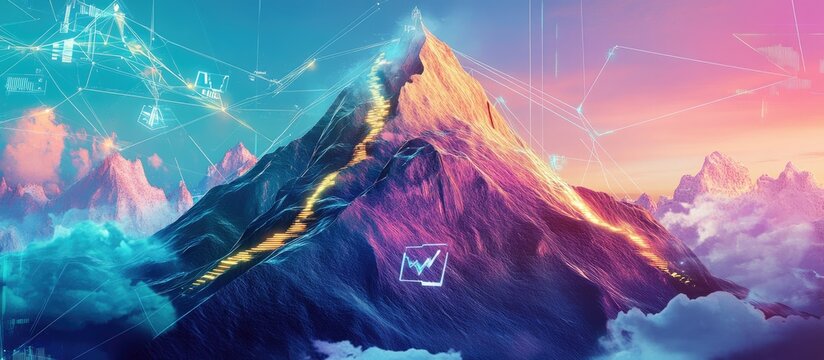 A mountain with an ancient golden path leading to the top, symbolizing success and clarity in business.