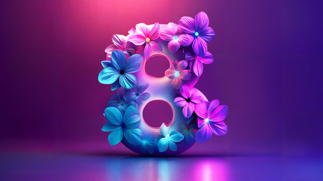 Neon floral number 8 celebrating International Women's Day on a cosmic gradient background