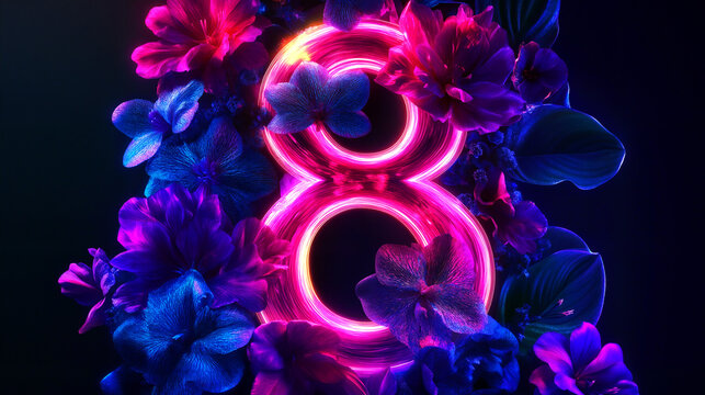 Luminous floral number 8 celebrating International Women's Day on a cosmic gradient background