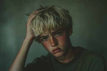 Fototapeta premium A sad teenage boy is depicted in a portrait, overcome with emotional distress and suffering from a headache and migraines