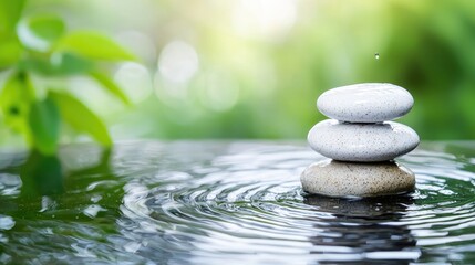 Zen stones in water, tranquil garden background, serenity concept, wellness imagery