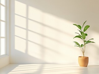 plant in sunny room with light and shadows.