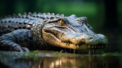 Obraz premium Closeup of a crocodile in the water looking to the side. Wildlife of an alligator swimming in the water on a blurred background. Scary angry big alligator hunting in a lake looking foward.