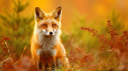 Fototapeta premium Closeup of a fox sitting in an autumn forest looking to the side. Wildlife image of a beautiful red fox sitting on a blurred background. Closeup of a cute fox looking forward.