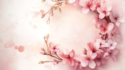 Fototapeta premium A delicate floral wreath of pink blossoms set against a soft pastel background, evoking tranquility and beauty.