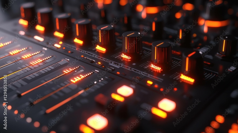 Poster modern music mixer with bright orange lights, showcasing a dynamic workspace for djs and producers, 