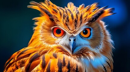 Obraz premium Closeup of an owl sitting on a tree branch looking at the camera. Wildlife image of a beautiful red owl sitting on a branch. Owl with orange white feathers sitting on a blurred background.