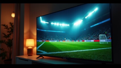 TV screen with live match, Glowing TV screen showing live soccer match with reflections and cozy interior