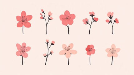 A collection of delicate, hand-drawn pink flowers arranged in various stages of bloom on a soft beige background.