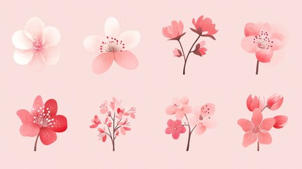 A collection of pink floral illustrations showcasing various types of blossoms against a soft pink background.