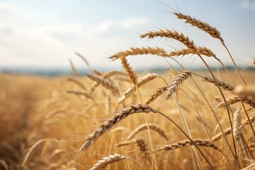Obraz premium Minimalistic photo of ripe wheat fields under a clear sky, extreme close-up capturing the fine grains on the stalks, softly blurred background.