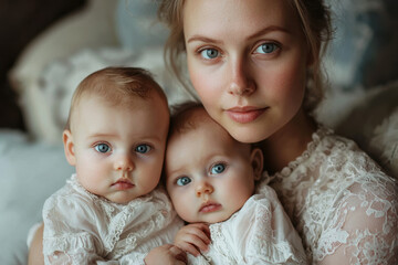Captivating moment of maternal love with twins in a cozy indoor setting during golden hour light