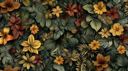 A wall of tropical leaves and flowers, in dark green, dark red, and yellow hues