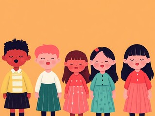 A diverse group of children standing together with closed eyes, showcasing unity and innocence against a vibrant background.