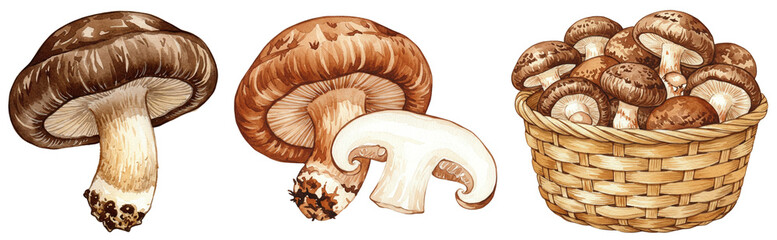 Whole, sliced, and basket of shiitake mushrooms, watercolour style clipart collection, isolated on a transparent background