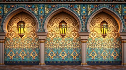 A beautiful Arabic-style background wall with Islamic patterns and lanterns,