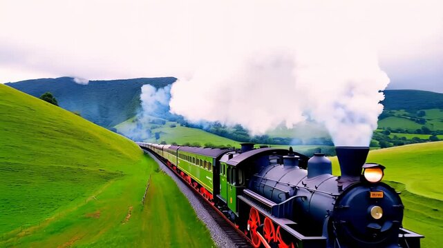 steam train on the road, Vintage steam locomotive journeys through vibrant green hills, creating billowing clouds of steam. Beautiful mountains and cloudy skies set backdrop for this picturesque route