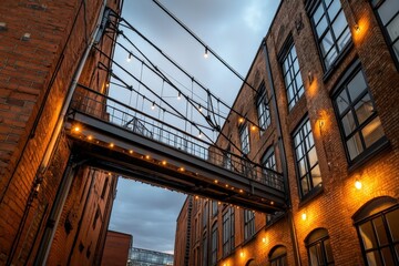 Obraz premium a steel skywalk between brick buildings with lights