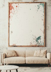 Modern interior design features a blank frame mockup accompanied by a trendy vase and sofa, set against an empty white wall background, serving as a vertical template for artwork, photos, or posters