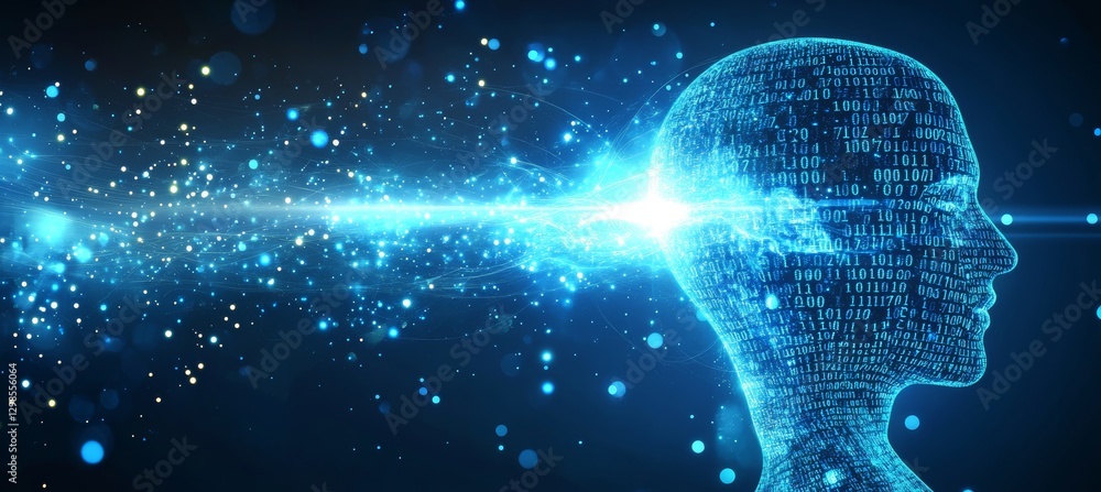 Poster blue glowing circuit head with binary numbers on dark background, artificial intelligence concept