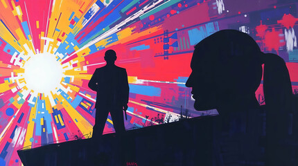 Abstract Digital Artwork with Vibrant Starburst Background, Silhouettes of Confident Person and Profile, Bold Color Contrasts
