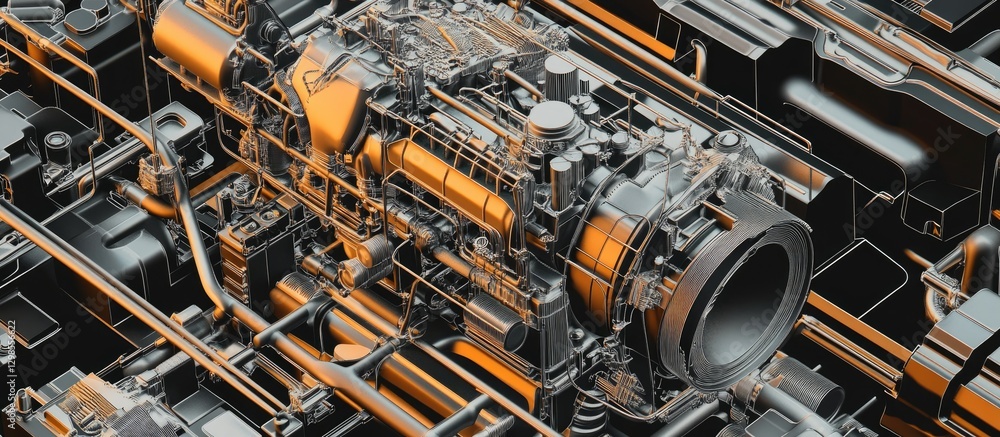 Aufkleber an isometric view of an engine with its various components and electrical wires
