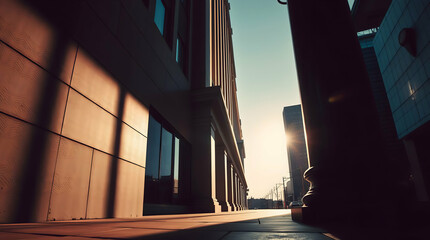 Stylized Urban Photograph Featuring Dramatic Light and Shadow, Modern Architecture, Tall Buildings, and Lens Flare Effect