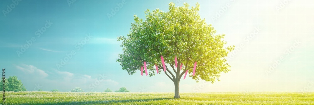 Poster pink ribbons adorn a tree in a vibrant field at sunrise, symbolizing hope and remembrance in a peace