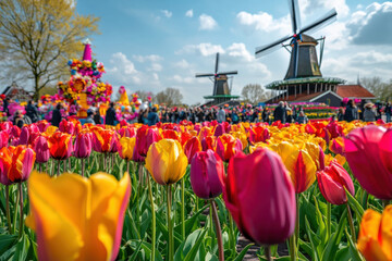 Colorful tulip festival with vibrant blooms and traditional windmills under a clear blue sky in springtime, celebrating nature's beauty and cultural heritage
