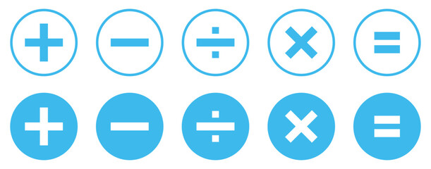Set of mathematical icons. Plus, minus, multiplication, equal, division symbol blue color isolated vector illustration.
