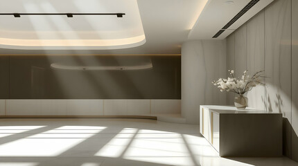 Modern Minimalist Interior with Neutral Tones, Sleek Console Table, White Flowers, Soft Lighting, and Tranquil Ambiance
