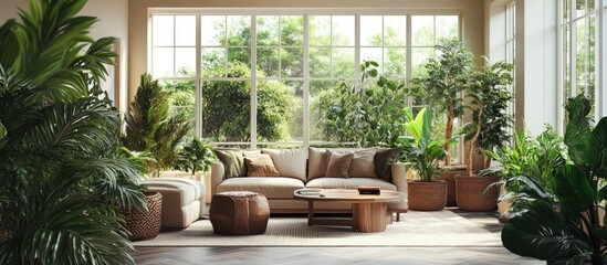 A spacious living room with large windows, featuring an elegant sofa and coffee table surrounded by lush green plants