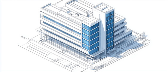 Fototapeta premium Isometric view of a modern hospital building under construction, featuring a sleek white facade and blue-tinted glass