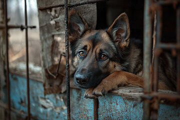 A loyal dog gazes through a broken window in an abandoned building, capturing a moment of solitude and longing amidst the remnants of the past