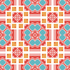 Seamless pattern in blue-yellow-red palette. Simple ethnic ornament. Vector illustration