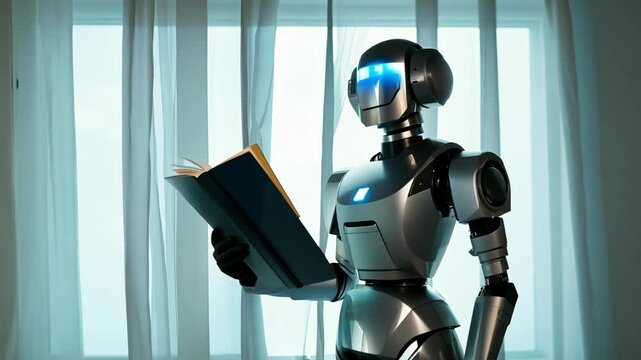 Futuristic humanoid robot reading a book. Cyborg working online at the station. Modern technologies, AI control. Concept of the future. 3D rendering