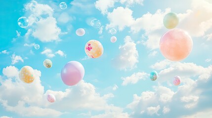 Fluffy white clouds with pastel Easter eggs floating gently in a dreamy sky, soft and whimsical seasonal background.