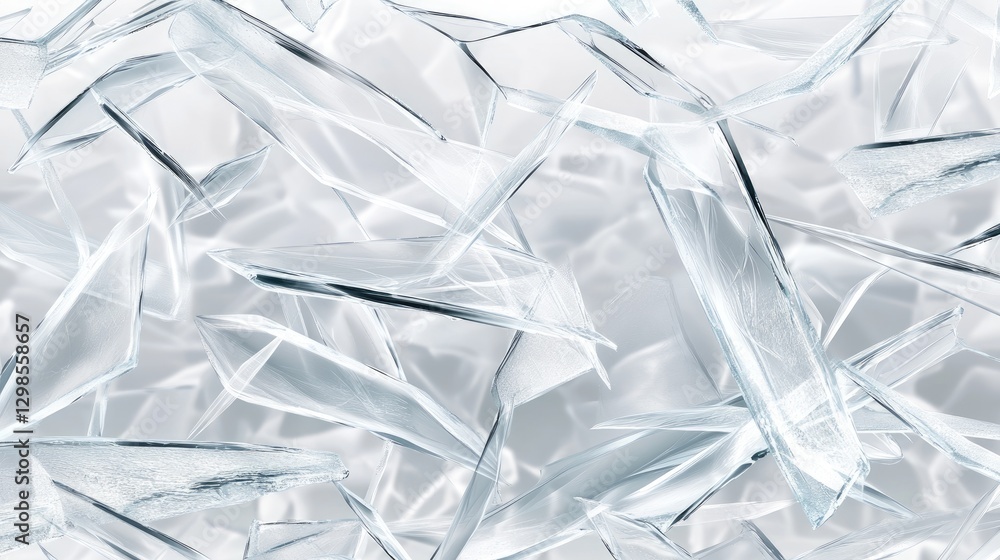 Poster frosted glass shards scattered dynamically, realistic icy texture and sharp edges, isolated on a tra
