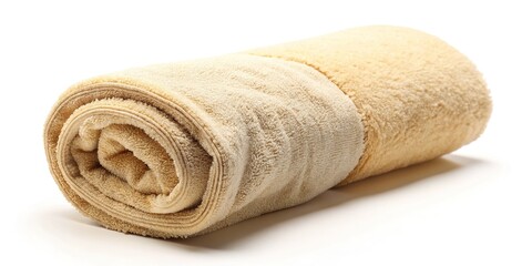 White backdrop highlights a neatly rolled beige towel.