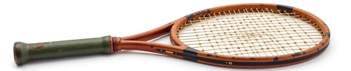 Antique wooden tennis racquet, weathered details, white backdrop, wooden, antique