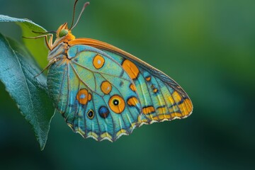Vibrant butterfly perched on a leaf, showcasing intricate wing patterns and colors.