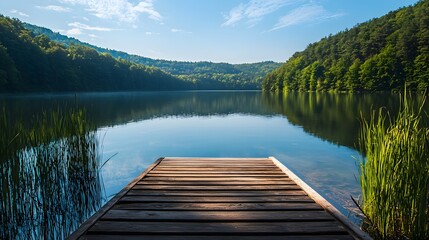Fototapeta premium Tranquil sunrise reflections serene lake nature photography lush green forest wide angle calmness and serenity