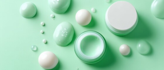 skincare products and cream on a mint green background